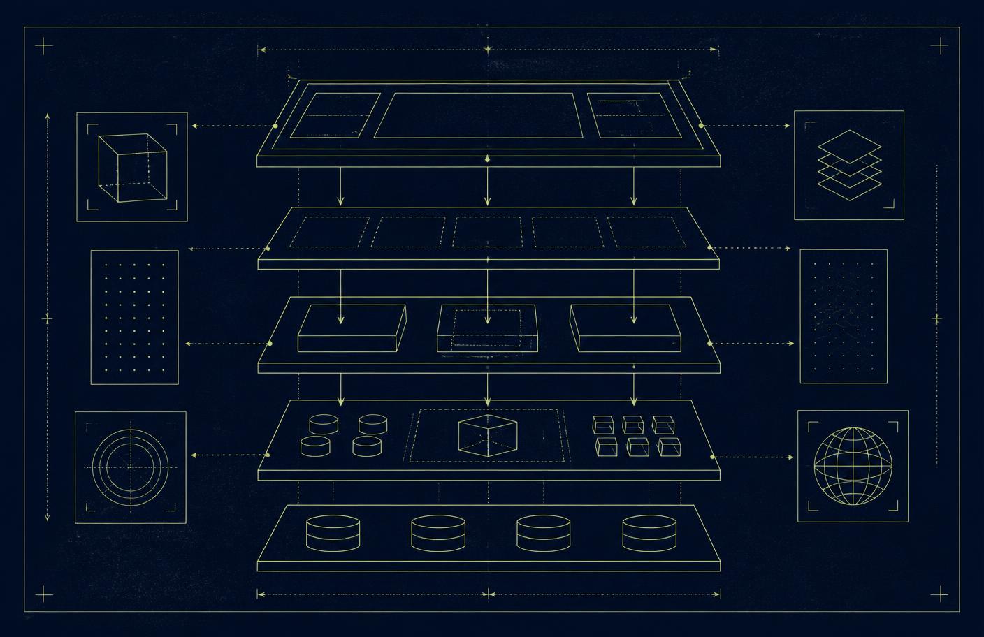 Blueprint-style layered architecture diagram showing interface, service, processing and storage tiers