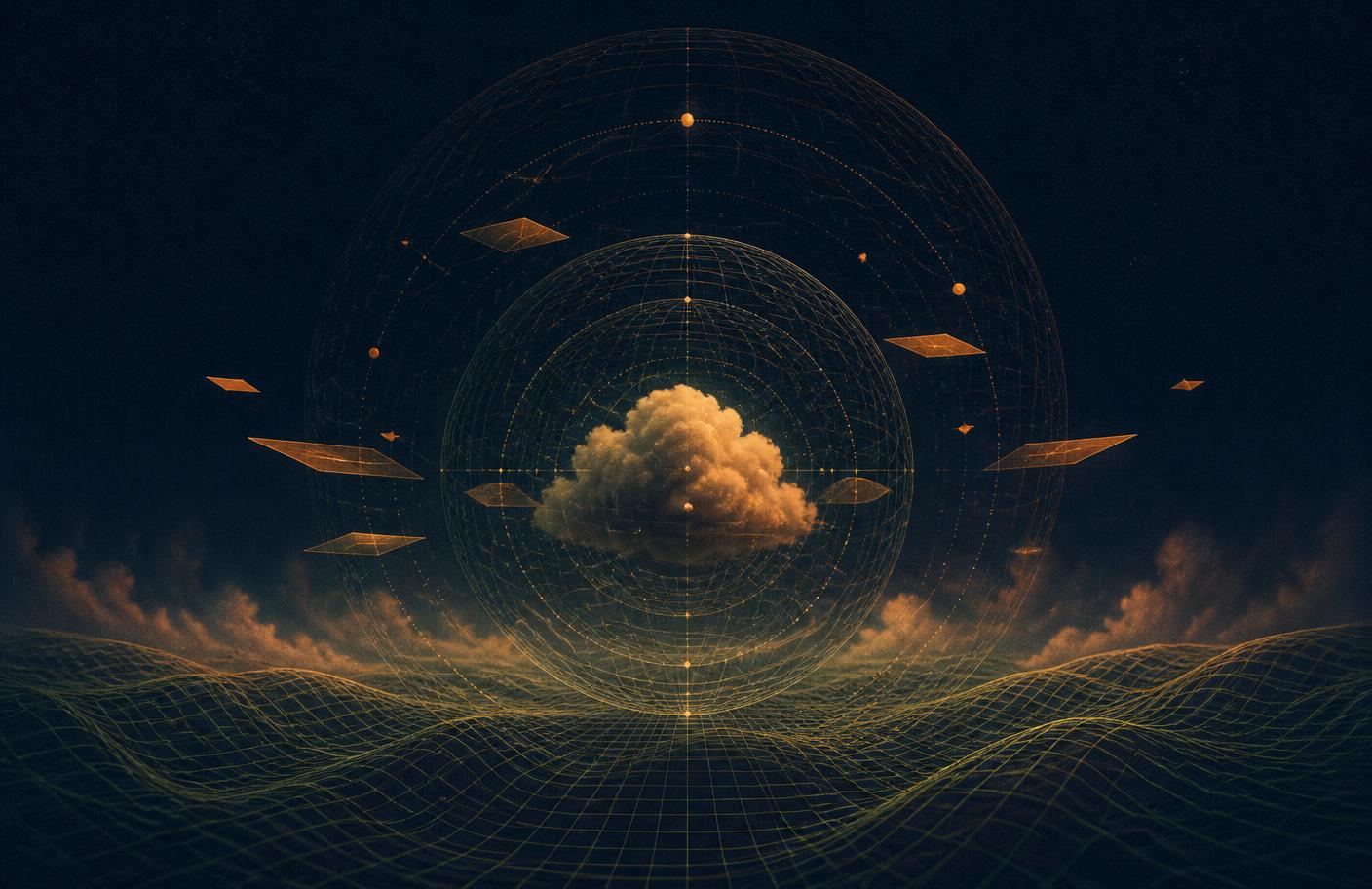 Abstract visual of a wireframe sphere and orbiting planes above a grid horizon, representing cloud infrastructure