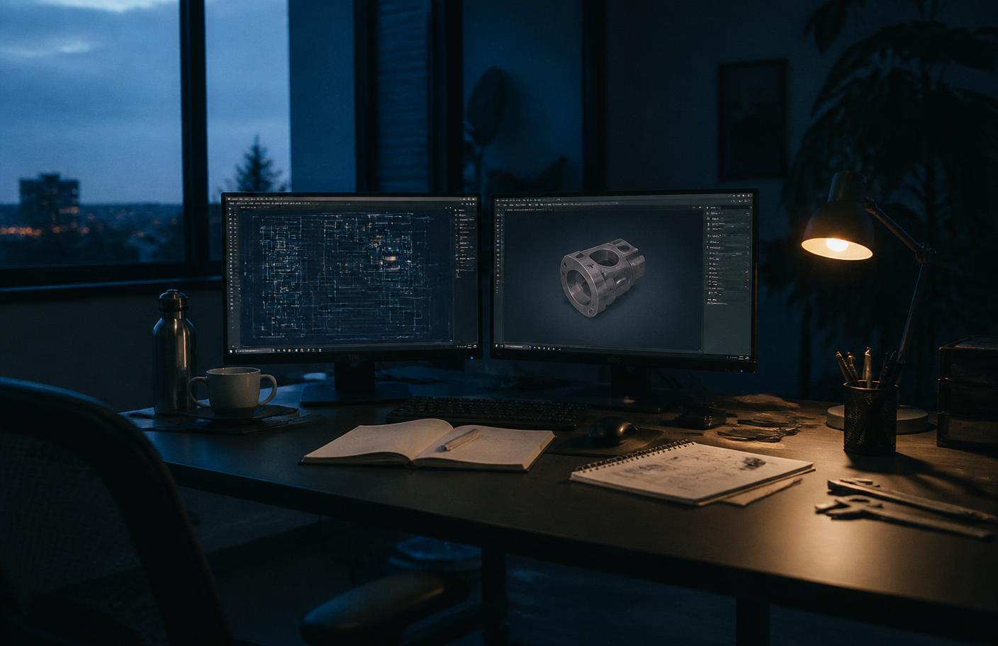Engineering workstation at dusk with two monitors showing schematics and a notebook of hand-drawn diagrams